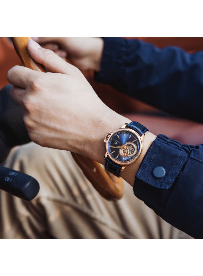 Rossini Men's Mechanical Watch With Medal Blue Dial And Leather Strap, Birthday Gift For Boyfriend, Chinese Watch, Hollow Design, Classic, Water-resistant 8633 - Image 2