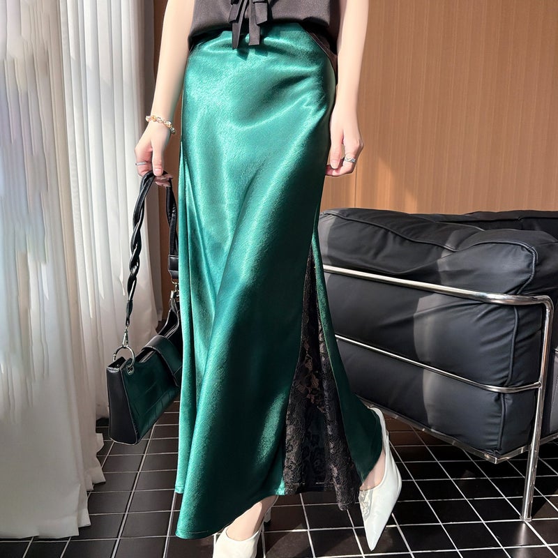 Elegant high waist hip-covering a-line fishtail skirt mid-length skirt lacepatchwork slit draped acetate satin skirt