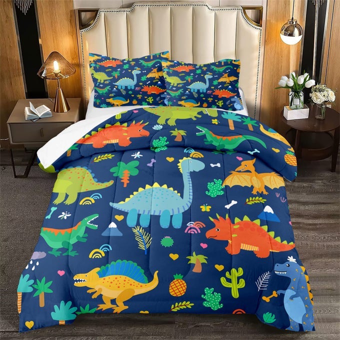 CUTE BLUE DINOSAUR COMFORTER SET FOR KIDS TEENS QUEEN SIZE SOFT BREATHABLE ALL SEASON QUILT 3PCS WITH 2 PILLOWCASES