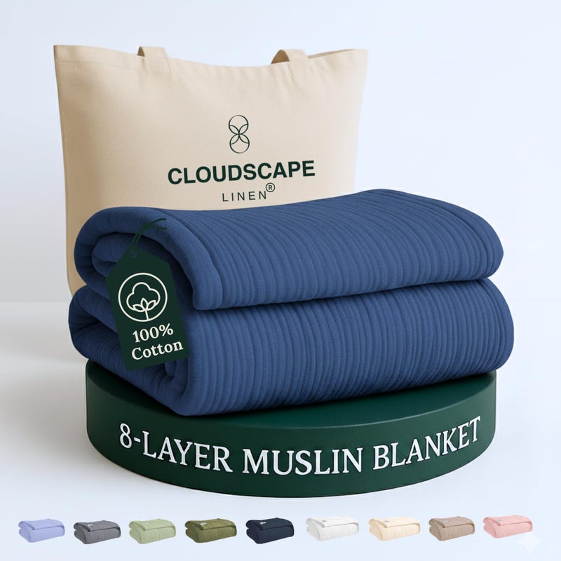 Cloud Scape Linen 8Layer Muslin Blanket Queen Size  100 Cotton Soft and Breathable Oversized Winter Blanket Fits up to Full Size Bed 92x92 Ensign Blue