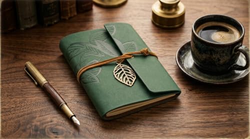 EvZ 7" Vintage Refillable Leather Journal - Professional B6 Loose-Leaf Notebook with Antique Leaf Pendant, Dark Green Retro PU Leather Cover, 160 Pages Thick Kraft Blank Paper for Writing, Sketching & Travel Gift - Image 2
