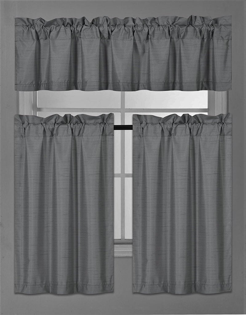 Fancy Linen Fancy Collection 3 Piece Faux Silk Blackout Kitchen Curtain Set - Tier Curtains and Valance - Solid Dark Grey/Charcoal - Thermal Backing Drapes - Image 1