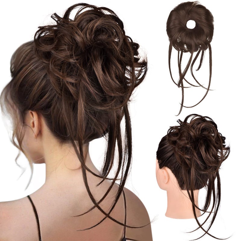 HOOJIH Messy Bun Hair Piece  Super Long Tousled Updo Hair Bun Extensions with Elastic Hair Band HB007 Grace  Warm Brown with Little Black Mixed