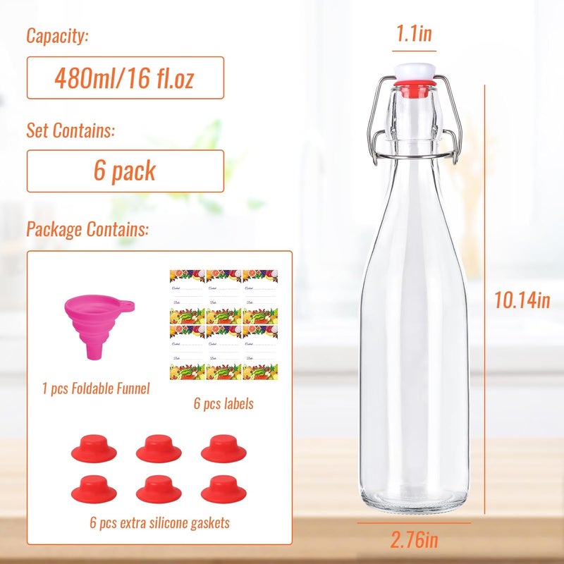 SZUAH Swing Top Glass Bottles 16oz 6Pack, Reusable Glass Bottle with Stopper for Kombucha, Home Brewing,Vanilla Extract, Beer(480ml, Set of 6) - Image 2