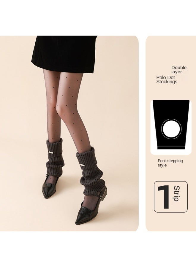 Fleece-lined Double-layer Polka Dot Black Sheer Pantyhose For Women, Autumn And Winter Thickened Leggings, Black Tights