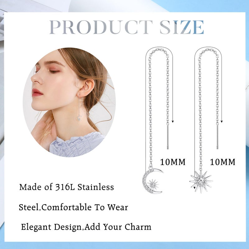 ORAZIO 9 Pairs Threader Earrings for Women Stainless Steel Chain Tassel Earrings Lightweight Double Twist Wave Heart Moon Leaf Threader Dangle Drop Earrings Minimalist Long Chain Earrings Set-Silver - Image 2
