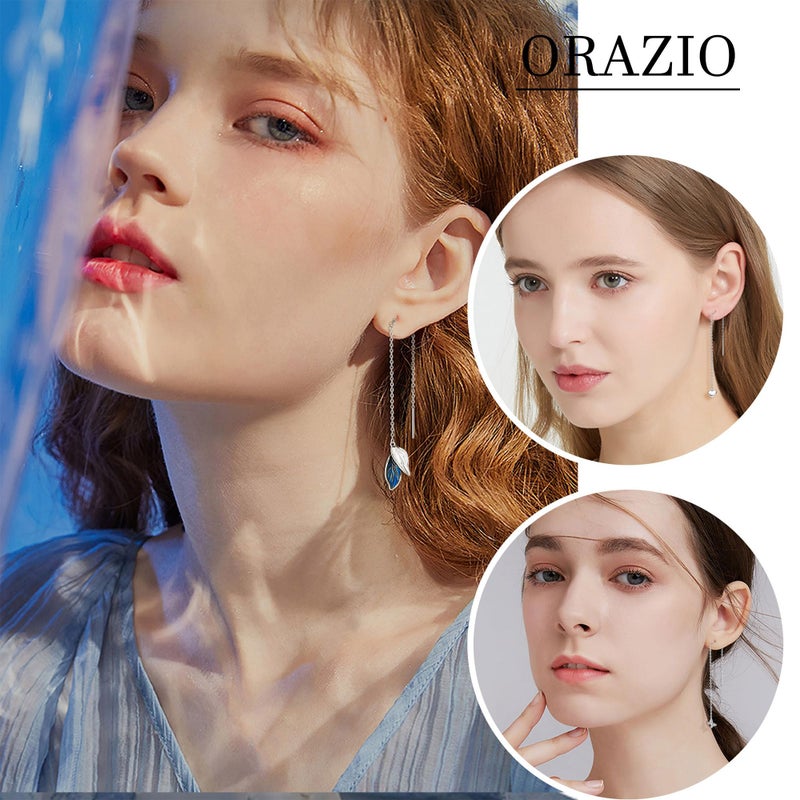 ORAZIO 9 Pairs Threader Earrings for Women Stainless Steel Chain Tassel Earrings Lightweight Double Twist Wave Heart Moon Leaf Threader Dangle Drop Earrings Minimalist Long Chain Earrings Set-Silver - Image 3