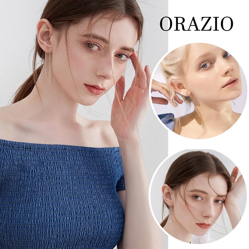 ORAZIO 9 Pairs Threader Earrings for Women Stainless Steel Chain Tassel Earrings Lightweight Double Twist Wave Heart Moon Leaf Threader Dangle Drop Earrings Minimalist Long Chain Earrings Set-Silver - Image 5