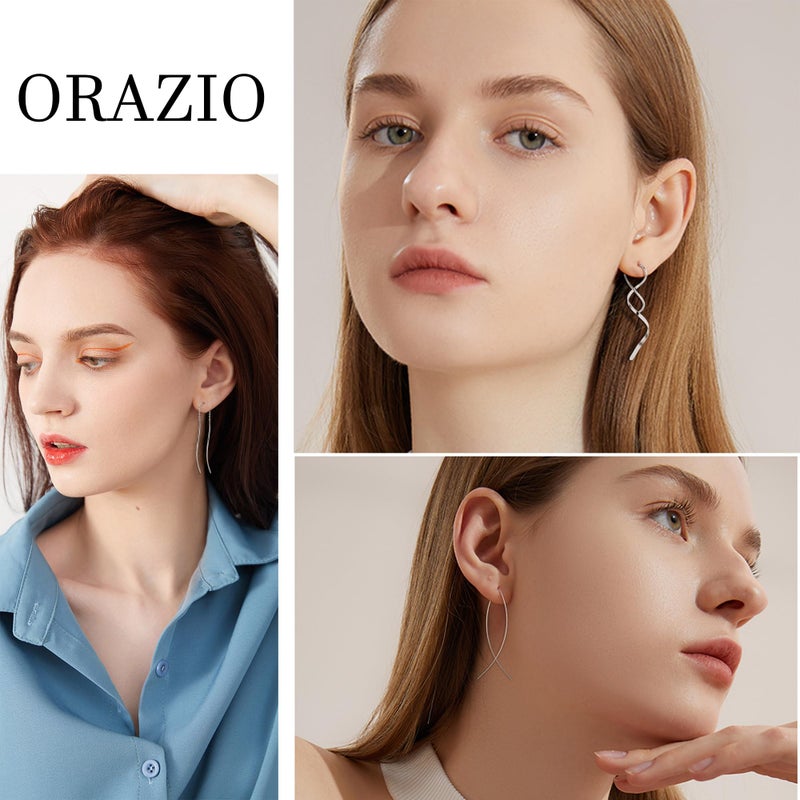ORAZIO 9 Pairs Threader Earrings for Women Stainless Steel Chain Tassel Earrings Lightweight Double Twist Wave Heart Moon Leaf Threader Dangle Drop Earrings Minimalist Long Chain Earrings Set-Silver - Image 4