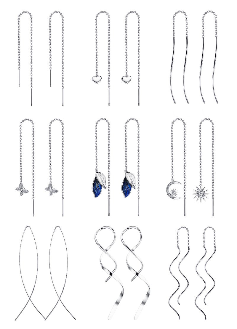 ORAZIO 9 Pairs Threader Earrings for Women Stainless Steel Chain Tassel Earrings Lightweight Double Twist Wave Heart Moon Leaf Threader Dangle Drop Earrings Minimalist Long Chain Earrings Set-Silver - Image 1