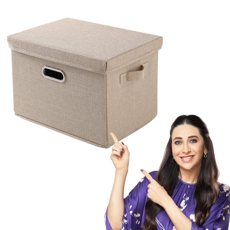 HOKIPO Multipurpose Storage Box with Lid for Wardrobe Home and Office Beige MediumPack of 1 AR4369M Polyester Linen - Image 1
