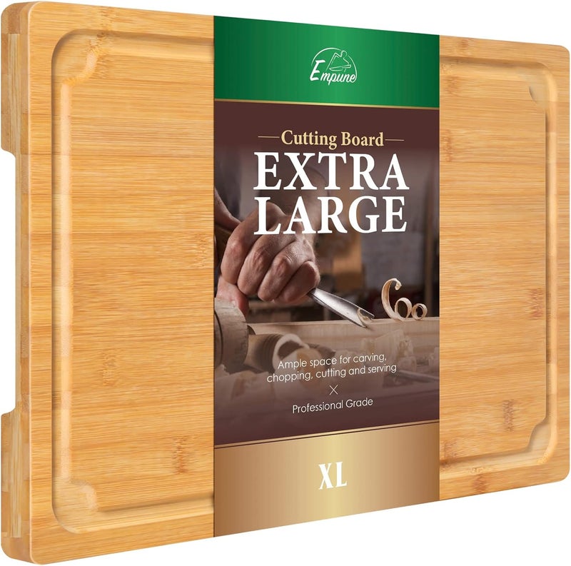 Empune Extra Large Cutting Board, 17.6" Bamboo Cutting Boards for Kitchen with Juice Groove and Handles Kitchen Chopping Board for Meat Cheese board Heavy Duty Serving Tray, XL, - Image 1