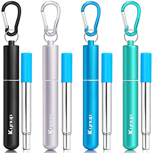 Kynup 4Packs Reusable Straws, Metal Straw with Silicon, Travel Drinking Straws with Case, Keychain, Cleaning Brushes, Silicon Pcs Perfect for Travel, Gifts (20 PCS) Blue-Black-Silver-Turquoise - Image 1