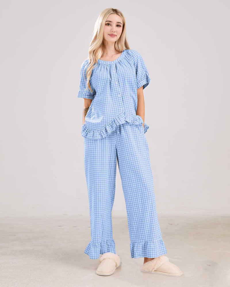 codcm Womens Gingham Pajama Set 2 Piece Short Sleeve Babydoll Shirt and Pants Lounge Set Cute Sleepwear(Light Blue,Medium) - Image 2