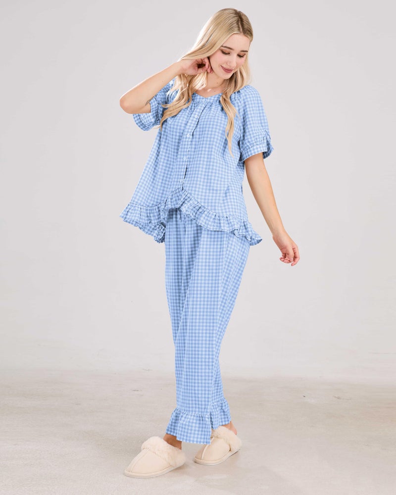 codcm Womens Gingham Pajama Set 2 Piece Short Sleeve Babydoll Shirt and Pants Lounge Set Cute Sleepwear(Light Blue,Medium) - Image 3