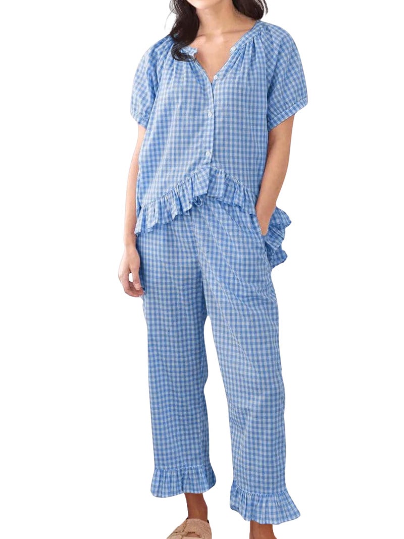 codcm Womens Gingham Pajama Set 2 Piece Short Sleeve Babydoll Shirt and Pants Lounge Set Cute Sleepwear(Light Blue,Medium) - Image 1