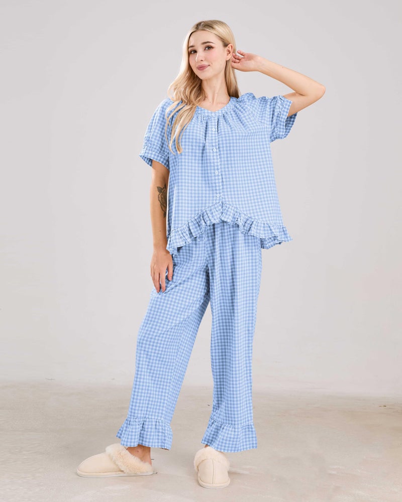 codcm Womens Gingham Pajama Set 2 Piece Short Sleeve Babydoll Shirt and Pants Lounge Set Cute Sleepwear(Light Blue,Medium) - Image 4
