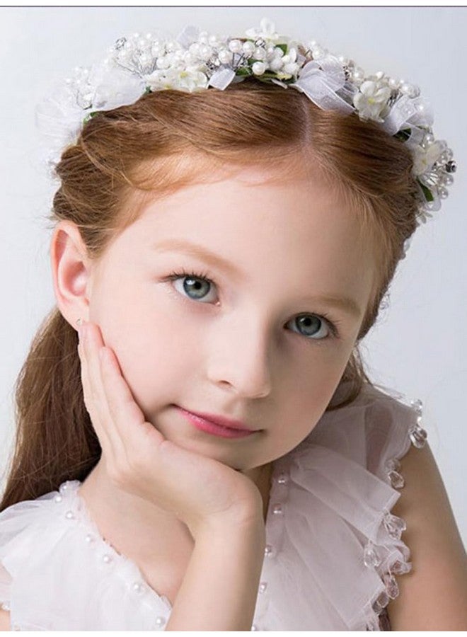 Denifery Flower Girls Headpiece Flower Headband Artificial Crystal Pearl Hair Vine Bride Rhinestone Wedding Headband For Women Girls Toddler Wedding Party Photography (Ivory) - Image 2