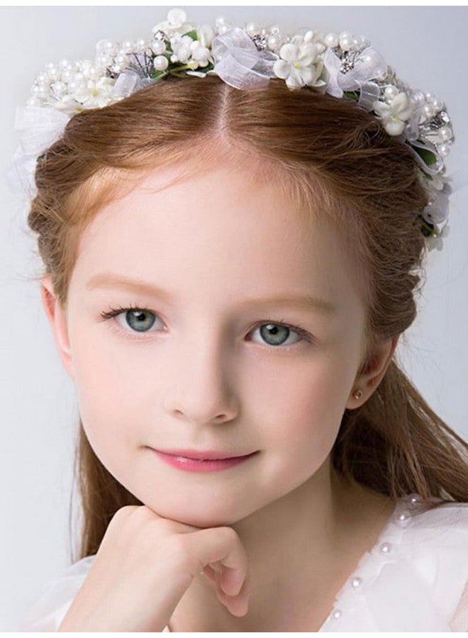 Denifery Flower Girls Headpiece Flower Headband Artificial Crystal Pearl Hair Vine Bride Rhinestone Wedding Headband For Women Girls Toddler Wedding Party Photography (Ivory) - Image 1
