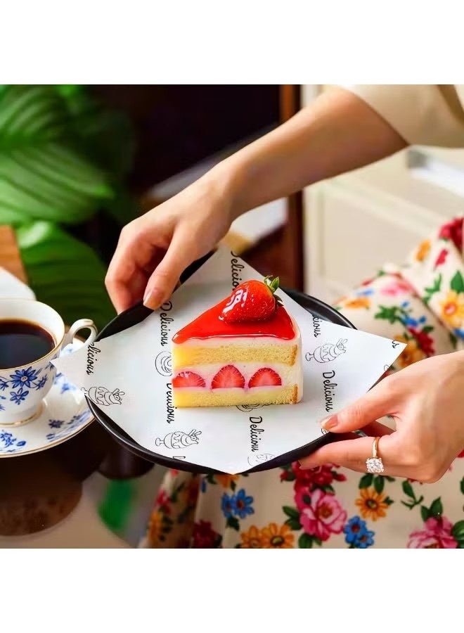 Monda 100Pcs Wax Paper Sheets for Food, Baking Oil-Proof Paper Sandwich Wrapping Paper, Basket Liners Food Picnic Paper Sheets Greaseproof Deli Wrapping Sheets, Food-Specific Hamburger Cake Bread Paper with Printed English Text 18x18cm - Image 2