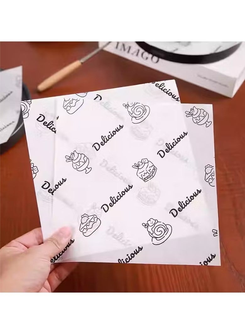 Monda 100Pcs Wax Paper Sheets for Food, Baking Oil-Proof Paper Sandwich Wrapping Paper, Basket Liners Food Picnic Paper Sheets Greaseproof Deli Wrapping Sheets, Food-Specific Hamburger Cake Bread Paper with Printed English Text 18x18cm - Image 3
