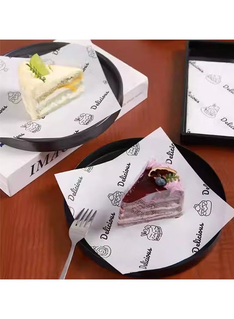 Monda 100Pcs Wax Paper Sheets for Food, Baking Oil-Proof Paper Sandwich Wrapping Paper, Basket Liners Food Picnic Paper Sheets Greaseproof Deli Wrapping Sheets, Food-Specific Hamburger Cake Bread Paper with Printed English Text 18x18cm - Image 1