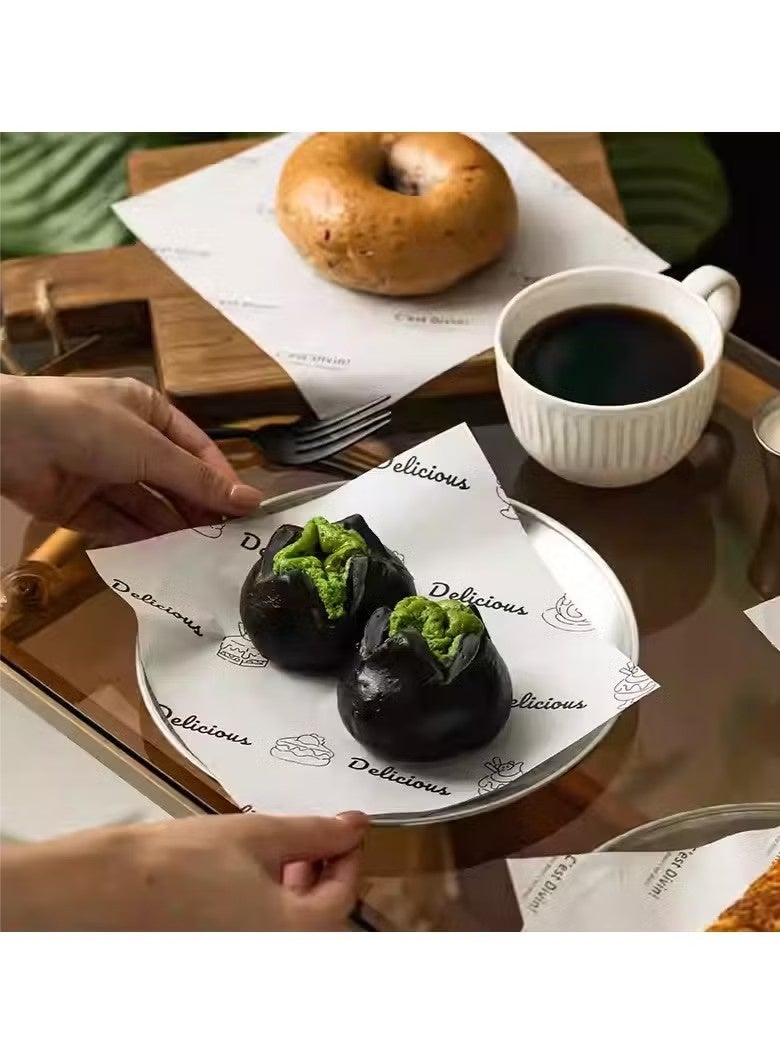 Monda 100Pcs Wax Paper Sheets for Food, Baking Oil-Proof Paper Sandwich Wrapping Paper, Basket Liners Food Picnic Paper Sheets Greaseproof Deli Wrapping Sheets, Food-Specific Hamburger Cake Bread Paper with Printed English Text 18x18cm - Image 5