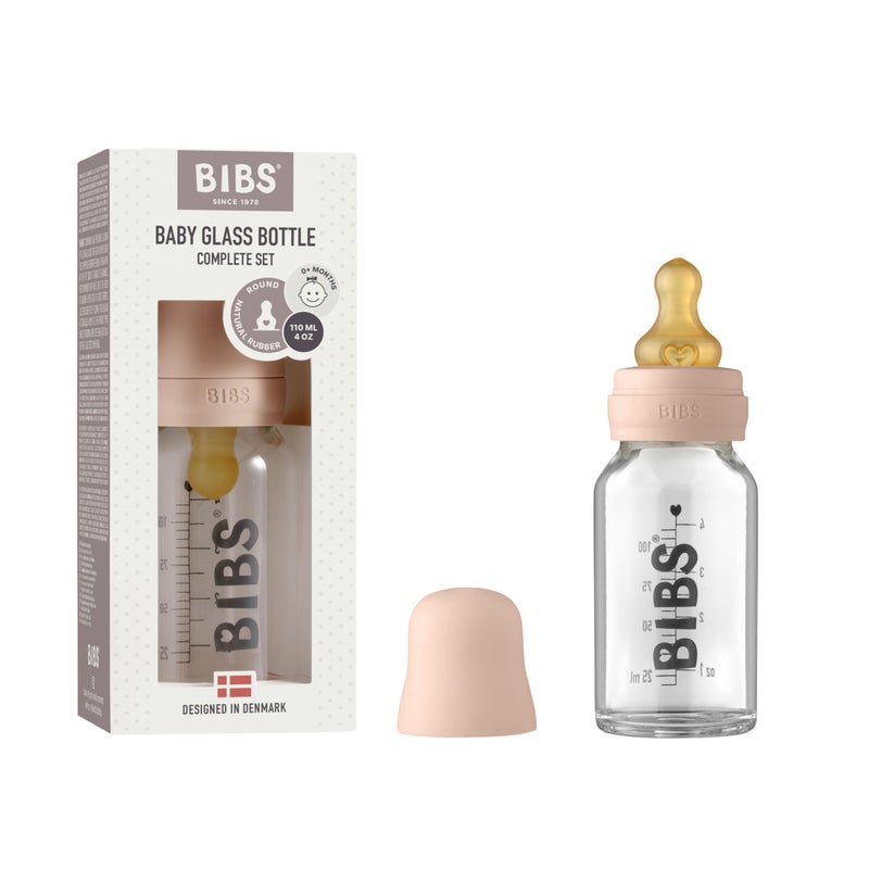 BIBS Baby Glass Bottle Complete Set 110 ml | BPA Free Natural Rubber | Made in Denmark | Blush - Image 1