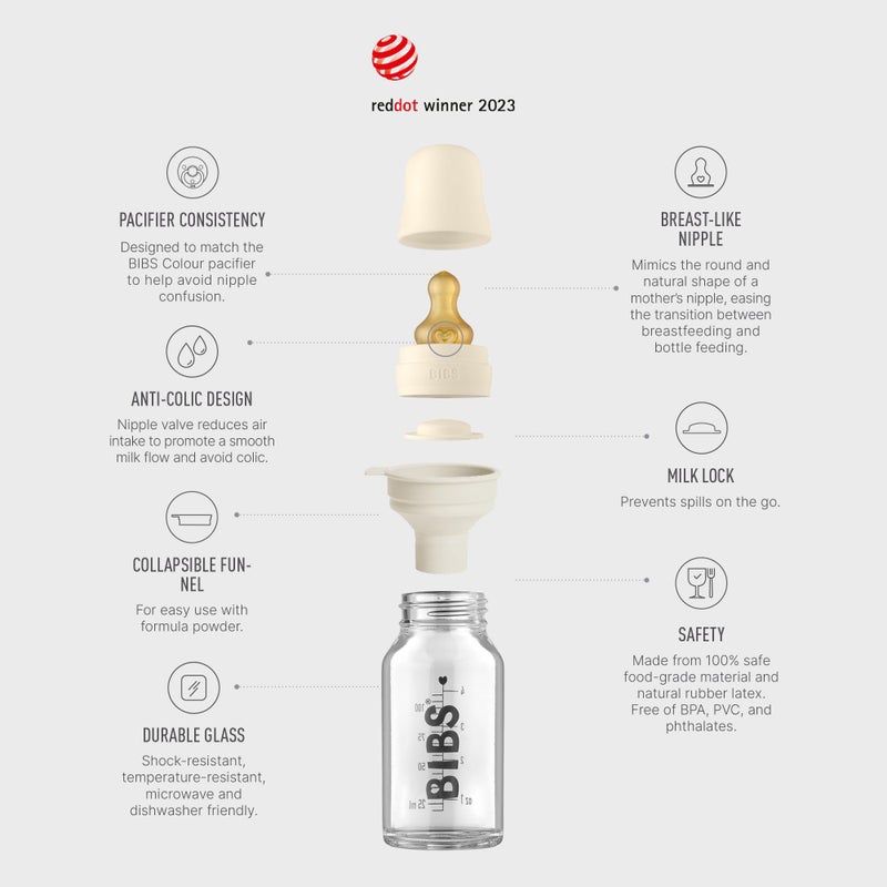 BIBS Baby Glass Bottle Complete Set 110 ml | BPA Free Natural Rubber | Made in Denmark | Blush - Image 2