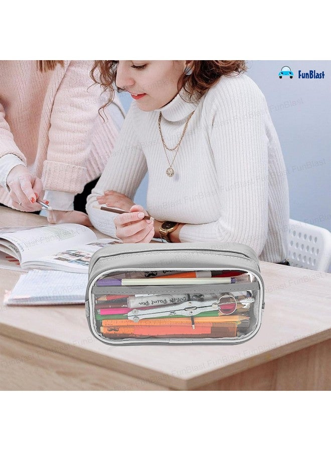 فنبلاست حقيبة أقلام شفافة من فن بلاست مزودة بسحاب للإغلاق - حقيبة أقلام كبيرة السعة، حقيبة مكياج محمولة، حقيبة أدوات مكتبية لطيفة للطالبات والفتيات والبالغين والمكاتب (رمادي) - Image 4