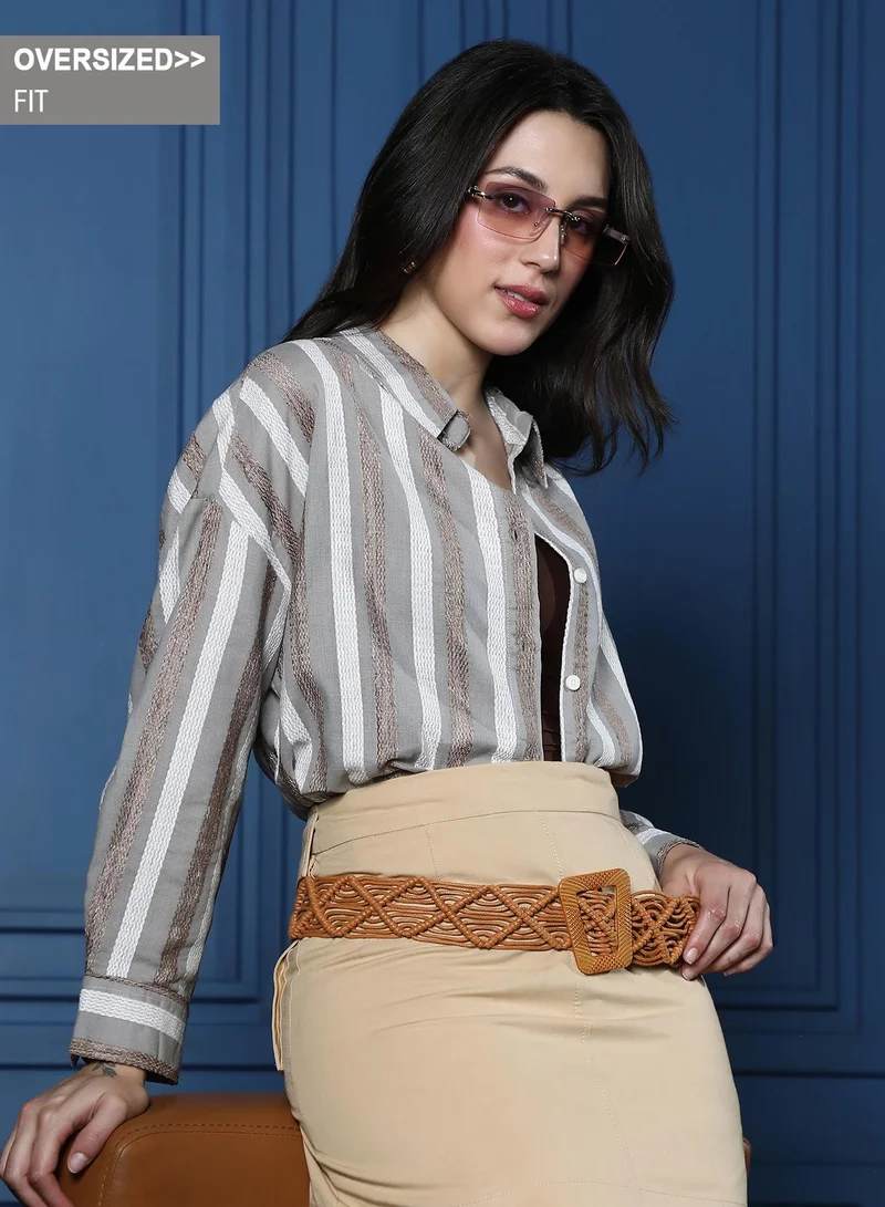 Women's Candy-Striped Jacquard Oversized Shirt | Spread Collar , Long Button-Cuff Sleeves, Button Closure | Stripes Jacquard Woven Shirt For Casual & Daily Wear | Coin Grey & Ash Brown