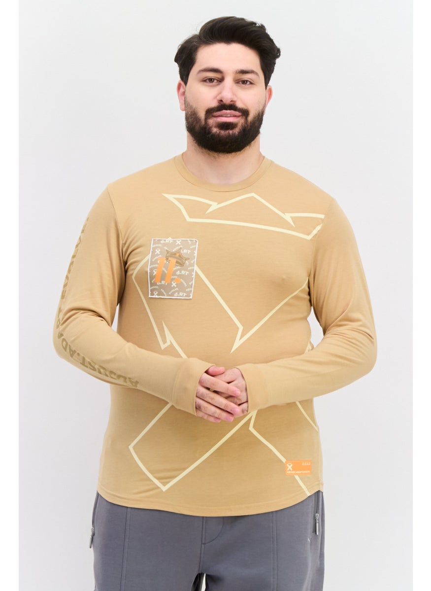 D RT Men Round Neck Long Sleeve Graphic Print T-Shirt, Tan  - Image 1
