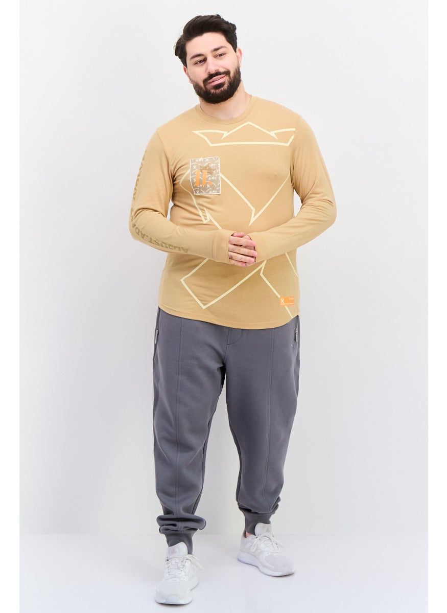 D RT Men Round Neck Long Sleeve Graphic Print T-Shirt, Tan  - Image 2