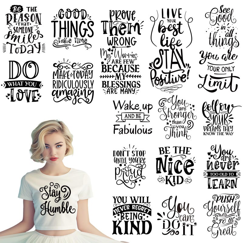 Dazoratix Inspirational Iron on Transfers - 20 Sheets Motivational DTF Ready to Press Heat Patches Vinyl Designs Mental Health Positive Stickers Decals for Women T Shirts Clothes DIY Crafts Decoration - Image 1