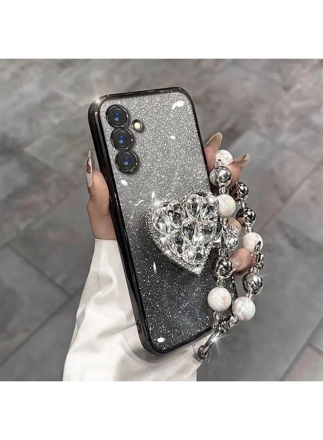 غطاء هاتف أسود لامع لسامسونج جالاكسي إس 22 بلس 5G مع حامل قلب و سوار لؤلؤ - Image 1