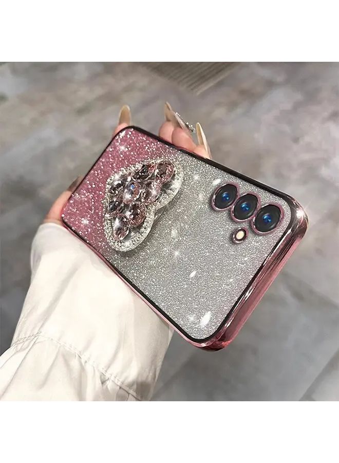 غطاء هاتف أسود لامع لسامسونج جالاكسي إس 22 بلس 5G مع حامل قلب و سوار لؤلؤ - Image 4