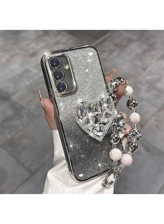 غطاء هاتف أسود لامع لسامسونج جالاكسي إس 22 بلس 5G مع حامل قلب و سوار لؤلؤ - Image 3