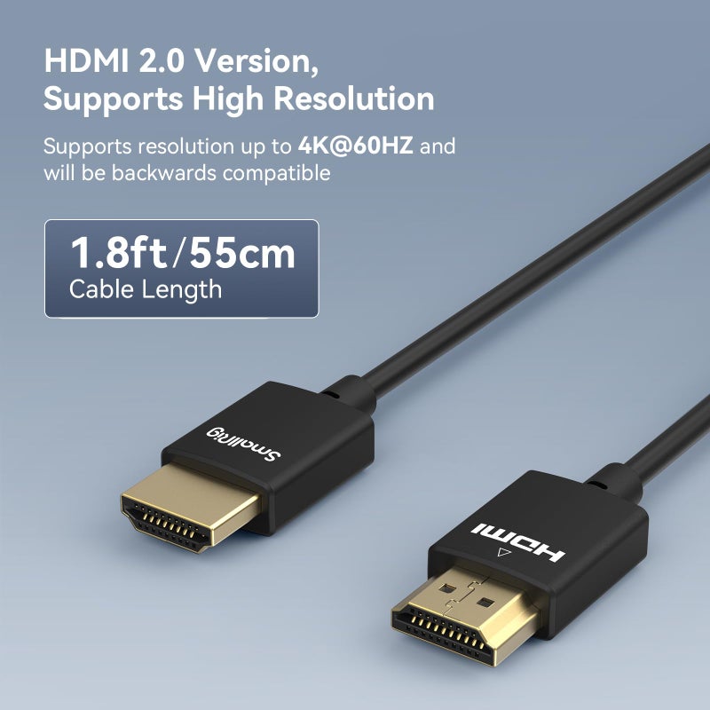 SmallRig Upgraded Ultra Thin HDMI Cable 55cm/1.8Ft (A to A), 4K Hyper Super Flexible Slim Cord, High Speed Supports 3D, 4K@60Hz, Ethernet, ARC Type-A Male to Male for Camera, Monitor, Gimbal - 2957B - Image 3