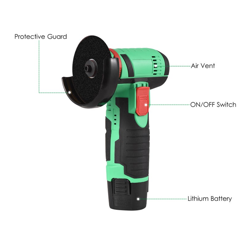 12V Cordless Angle Grinder Tool Kit Portable Lithium Electric Angle Grinder 19500rpm Mini Rechargeable Power Cutter with 2pcs Batteries 2pcs Grinding Discs for Grinding Polishing Cutting Rust Removing - Image 4