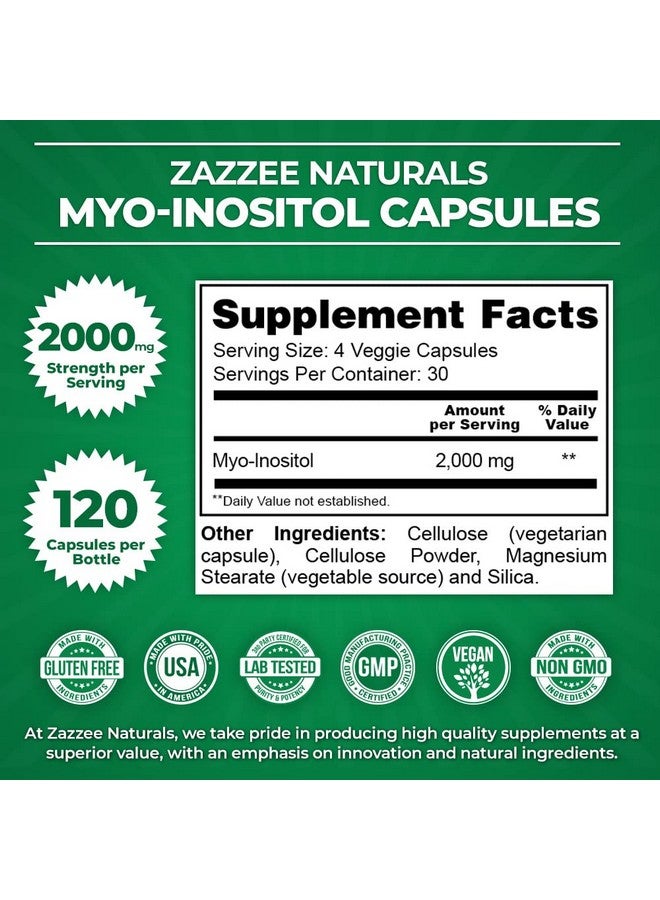 Zazzee Myoinositol 120 Vegan Capsules 2000 Mg Per Serving 100% Pure Premium Grade Vegan Nongmo And Allnatural - Image 3