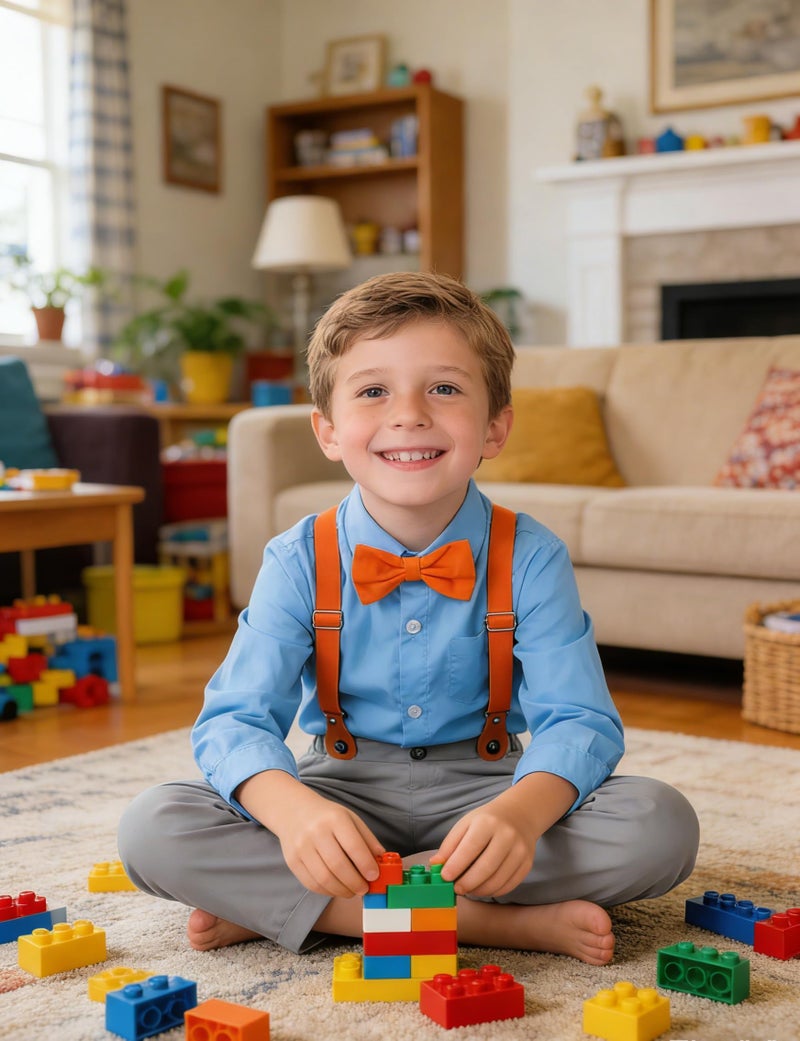 A&J DESIGN Boys Gentleman Formal Outfit Toddler Suspender Dress Suits with Orange Bow Tie 5-6 Years Blue Gray - Image 3