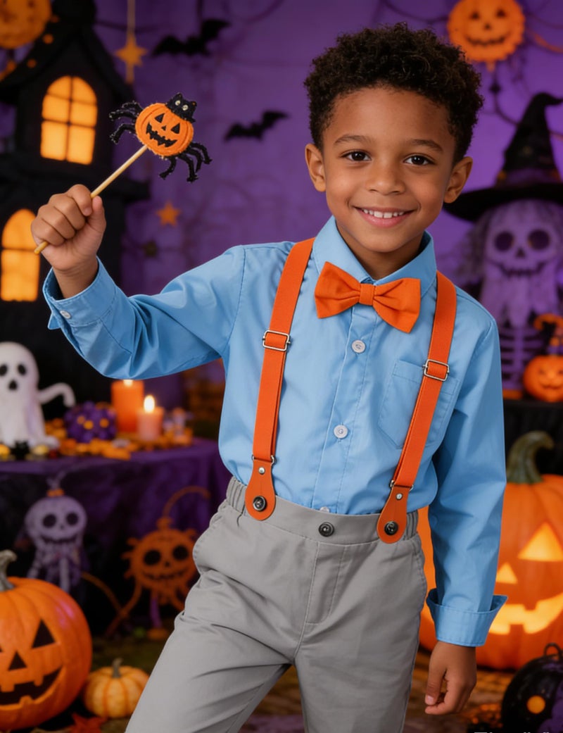 A&J DESIGN Boys Gentleman Formal Outfit Toddler Suspender Dress Suits with Orange Bow Tie 5-6 Years Blue Gray - Image 4
