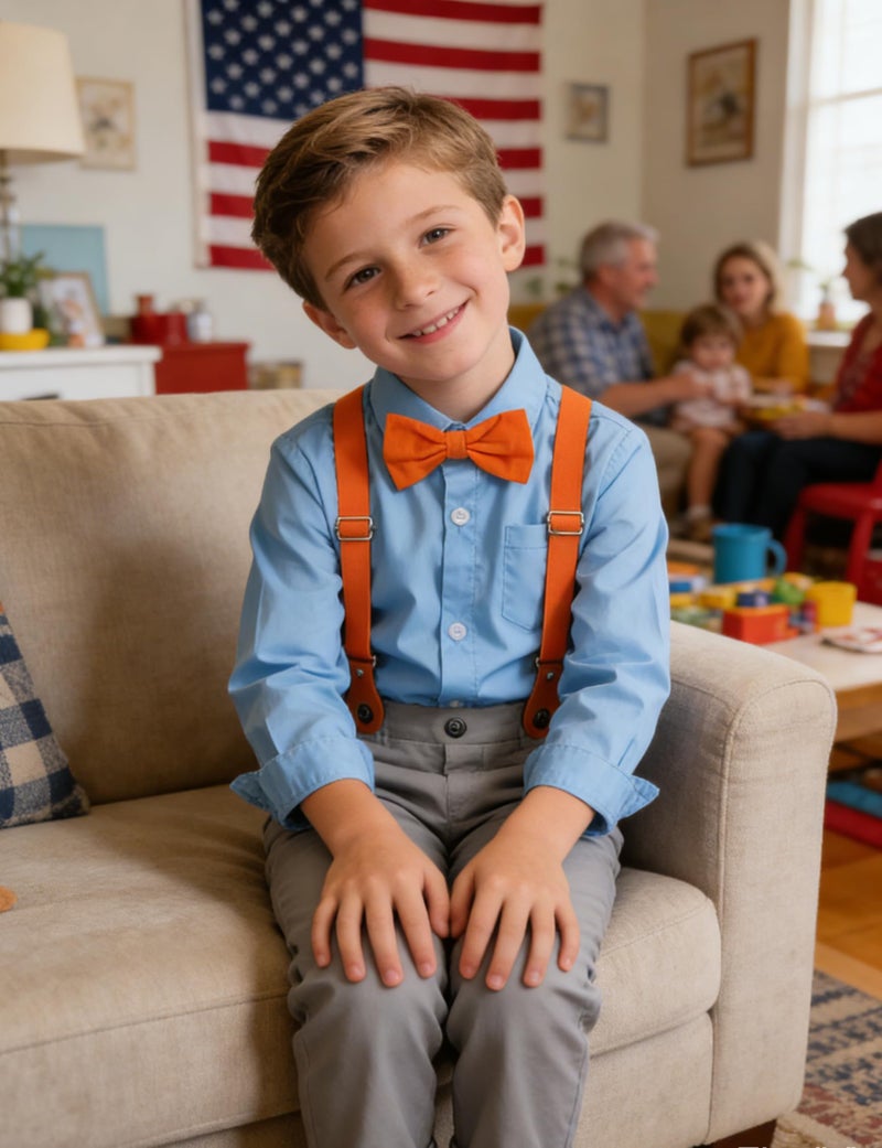A&J DESIGN Boys Gentleman Formal Outfit Toddler Suspender Dress Suits with Orange Bow Tie 5-6 Years Blue Gray - Image 2