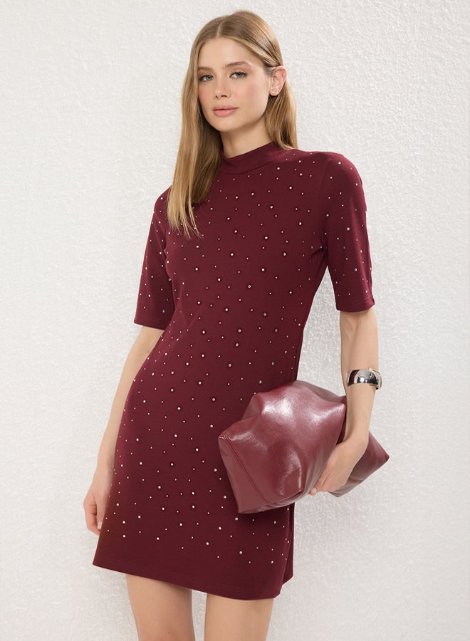 trendyol Claret Red Stone Detail Skater/Waist Open Short Sleeve Mini Knitted Pencil Dress  - Image 1