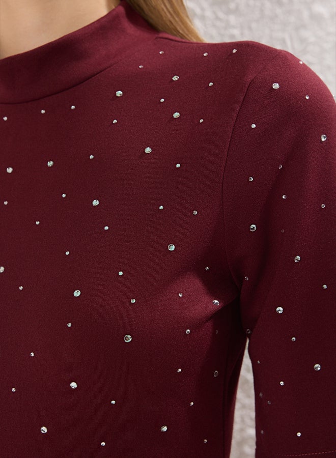 trendyol Claret Red Stone Detail Skater/Waist Open Short Sleeve Mini Knitted Pencil Dress  - Image 3
