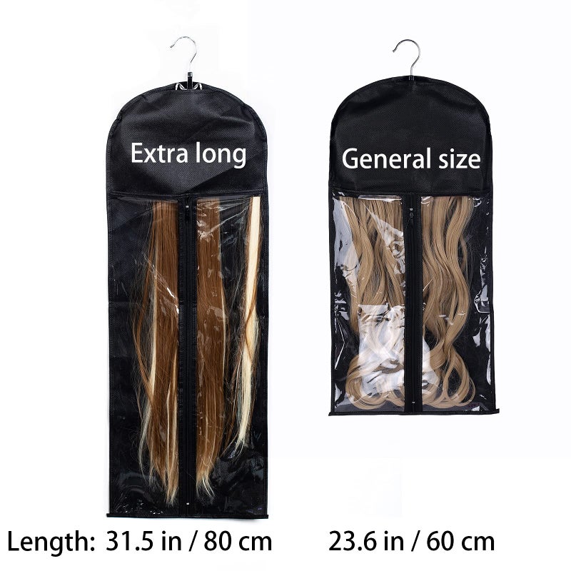 RJMBMUP 1 Pack Extra Long Hair Extension Holder Wig Storage Bag with Hanger Hairpieces Ponytail Bundles Storage Carrier Case for Store Style Hair Travel Hair Extensions Bag Black Color - Image 3