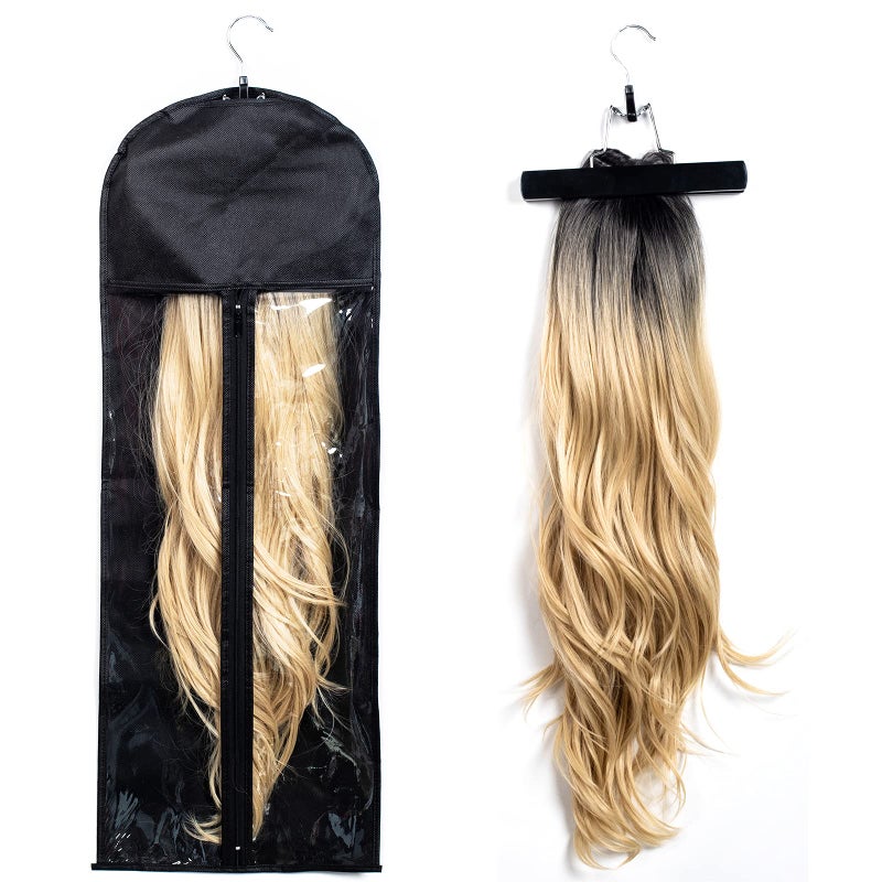 RJMBMUP 1 Pack Extra Long Hair Extension Holder Wig Storage Bag with Hanger Hairpieces Ponytail Bundles Storage Carrier Case for Store Style Hair Travel Hair Extensions Bag Black Color - Image 1