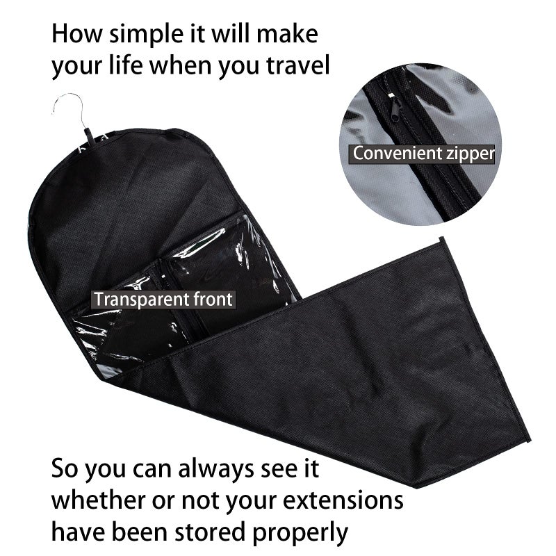 RJMBMUP 1 Pack Extra Long Hair Extension Holder Wig Storage Bag with Hanger Hairpieces Ponytail Bundles Storage Carrier Case for Store Style Hair Travel Hair Extensions Bag Black Color - Image 5