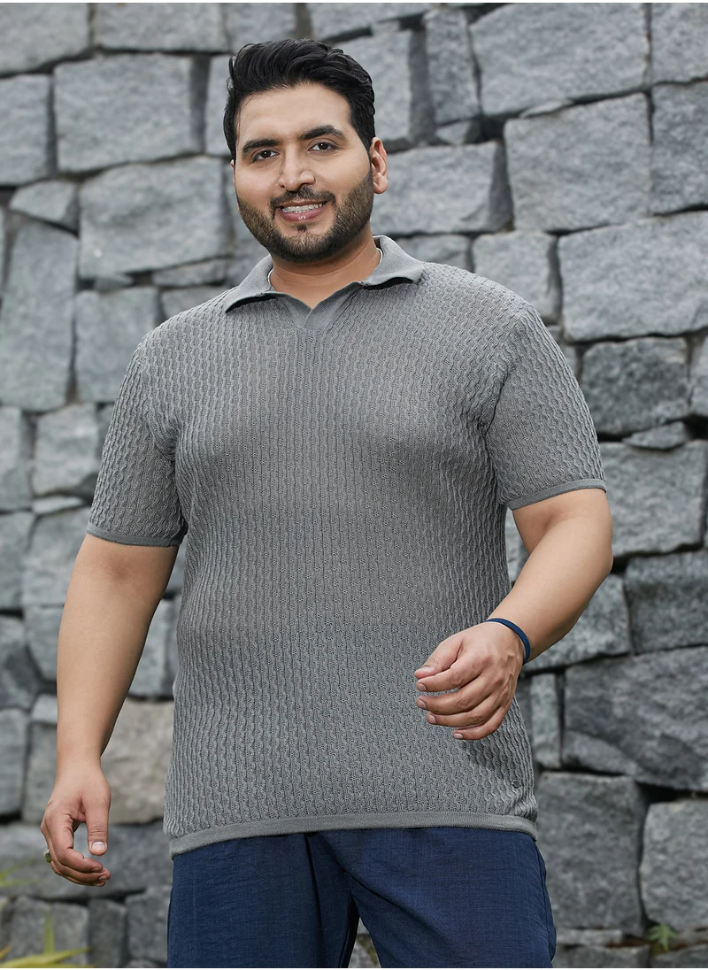 انستافاب بلس Instafab Plus Men's Coin Grey Swirl-Textured Polo T-Shirt For Casual Wear | Polo Neck | Short Regular Sleeves | Pull On Closure | Plus Size T-Shirt Crafted With Comfort Fit For Everyday Wear