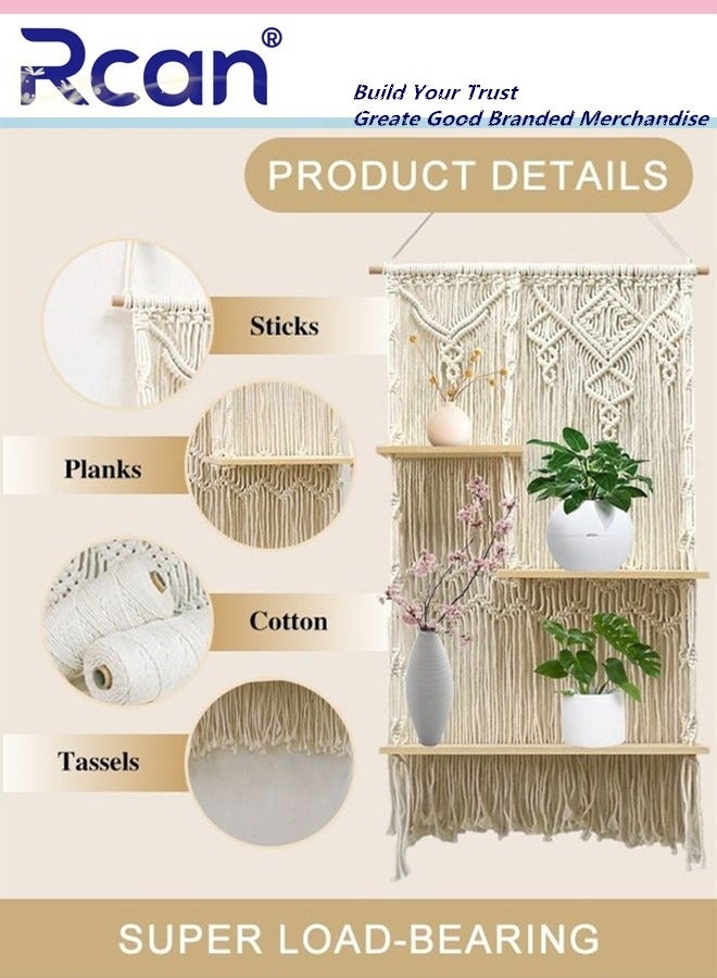 ركان رفوف معلقة على الحائط، أرفف معلقة على طراز بوهو لتزيين الحائط، نباتات عائمة بوهيمية، رفوف تخزين للغرفة، منظم ديكور من الحبال، رفوف نباتات مصنوعة يدويًا من 3 طبقات - Image 2